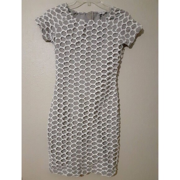 Betsy Moss Size S Gray Knit Geometric White Mesh Overlay Dress Orig $245 - Picture 1 of 11